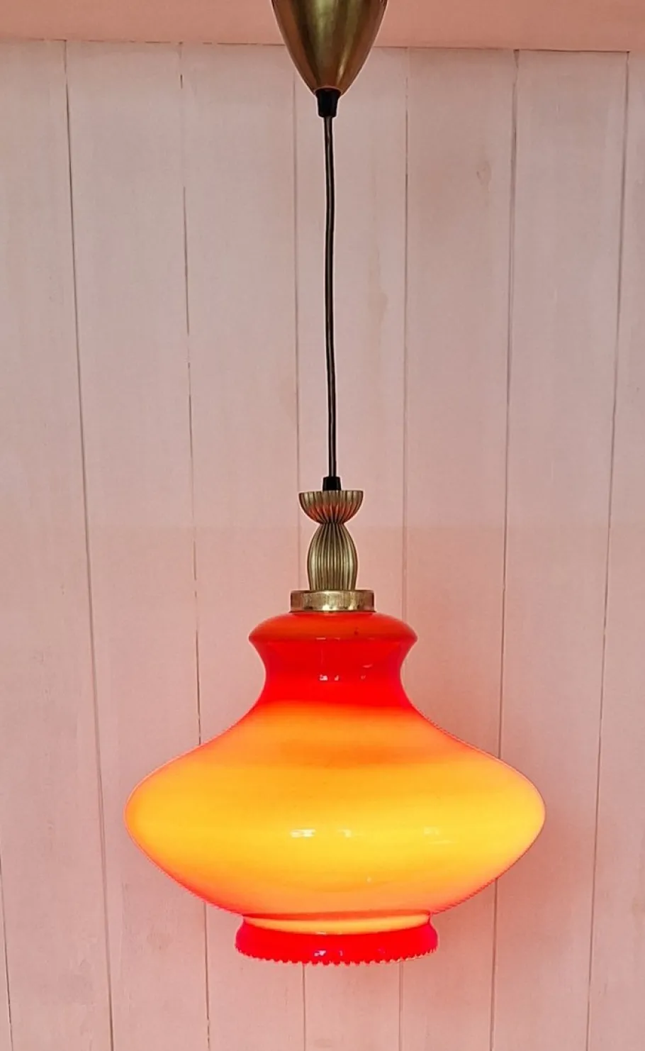 Discount Pamono Italian Ceiling Lamp with Red Glass Shade on Brass Mount, 1970s