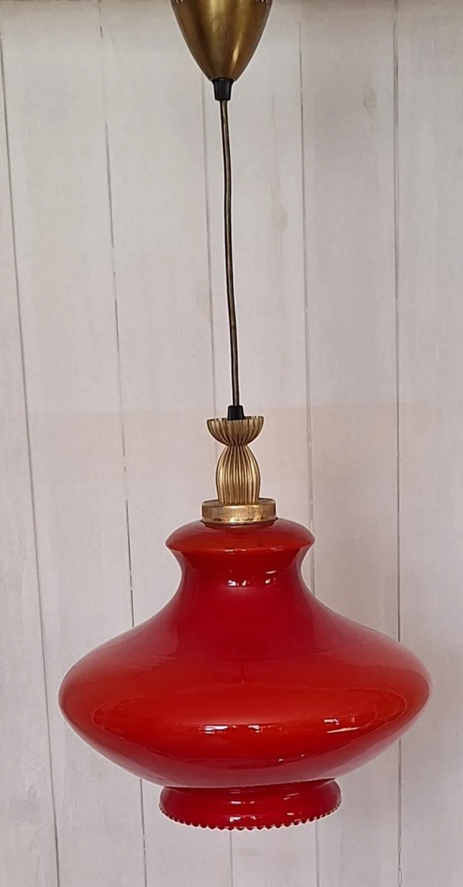 Discount Pamono Italian Ceiling Lamp with Red Glass Shade on Brass Mount, 1970s