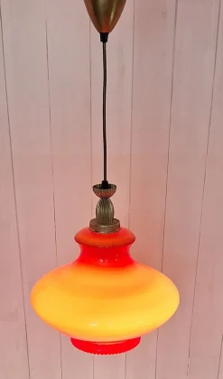 Discount Pamono Italian Ceiling Lamp with Red Glass Shade on Brass Mount, 1970s