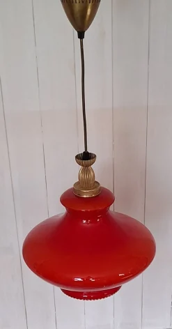Discount Pamono Italian Ceiling Lamp with Red Glass Shade on Brass Mount, 1970s