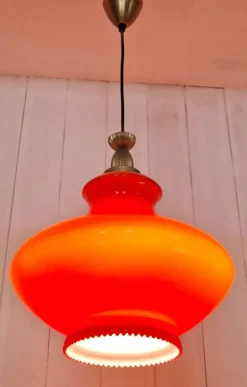 Discount Pamono Italian Ceiling Lamp with Red Glass Shade on Brass Mount, 1970s