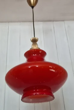 Discount Pamono Italian Ceiling Lamp with Red Glass Shade on Brass Mount, 1970s