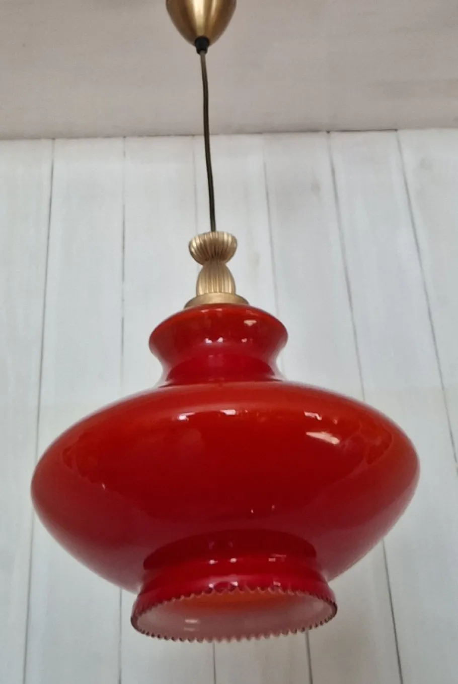 Discount Pamono Italian Ceiling Lamp with Red Glass Shade on Brass Mount, 1970s