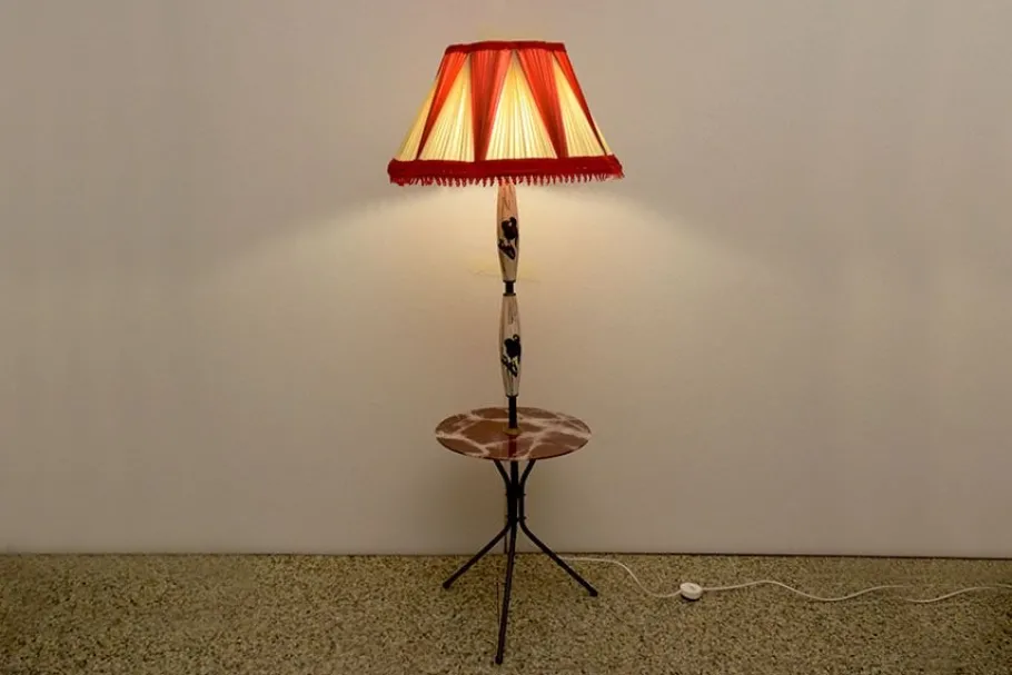 Best Pamono Italian Ceramic Floor Lamp with Table / Shelf, 1950s
