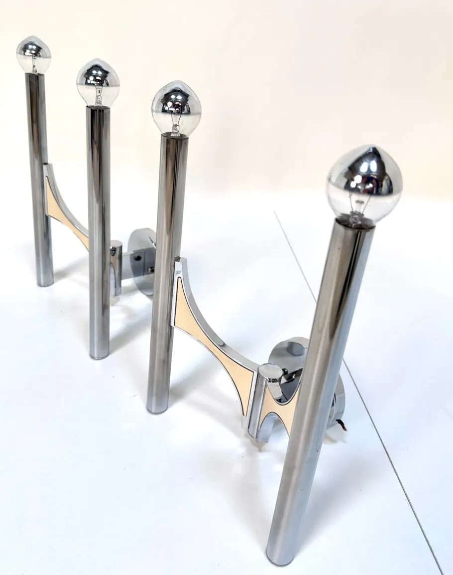 New Pamono Italian Chromed Steel Wall Lamps or Sconces Model 105 by Gaetano Sciolari for Sciolari Roma, 1960s, Set of 2