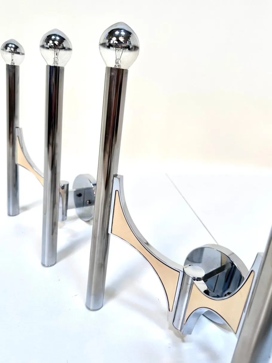 New Pamono Italian Chromed Steel Wall Lamps or Sconces Model 105 by Gaetano Sciolari for Sciolari Roma, 1960s, Set of 2