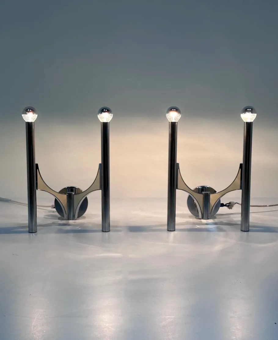 New Pamono Italian Chromed Steel Wall Lamps or Sconces Model 105 by Gaetano Sciolari for Sciolari Roma, 1960s, Set of 2