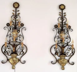 New Pamono Italian Crystal and Gilt Wrought Iron Wall Sconces by Banci Florence, 1960s, Set of 2