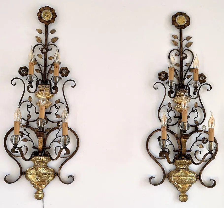 New Pamono Italian Crystal and Gilt Wrought Iron Wall Sconces by Banci Florence, 1960s, Set of 2