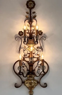 New Pamono Italian Crystal and Gilt Wrought Iron Wall Sconces by Banci Florence, 1960s, Set of 2