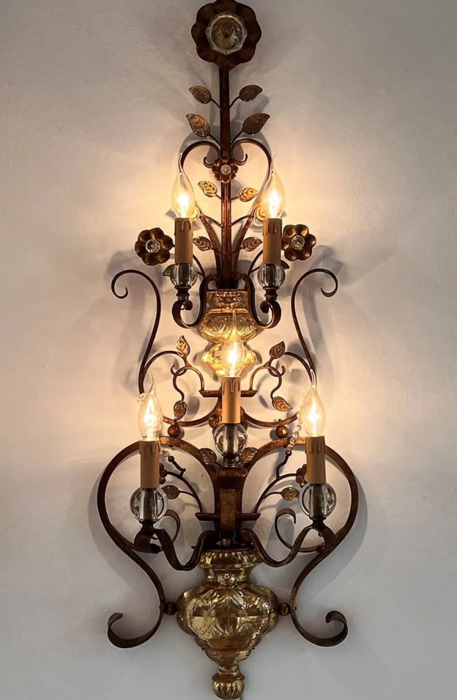 New Pamono Italian Crystal and Gilt Wrought Iron Wall Sconces by Banci Florence, 1960s, Set of 2