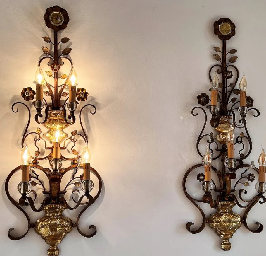 New Pamono Italian Crystal and Gilt Wrought Iron Wall Sconces by Banci Florence, 1960s, Set of 2