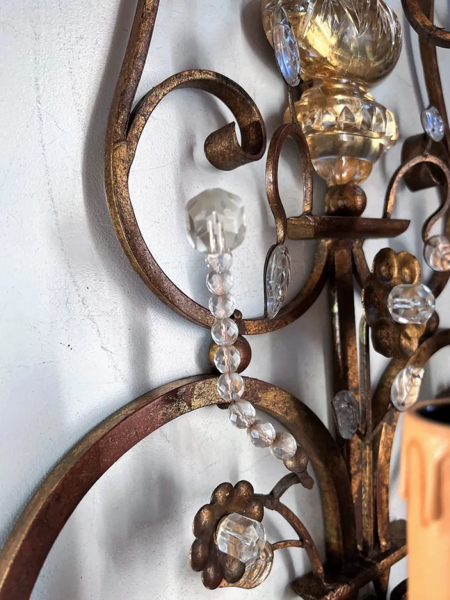 New Pamono Italian Crystal and Gilt Wrought Iron Wall Sconces by Banci Florence, 1960s, Set of 2