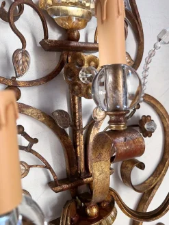 New Pamono Italian Crystal and Gilt Wrought Iron Wall Sconces by Banci Florence, 1960s, Set of 2