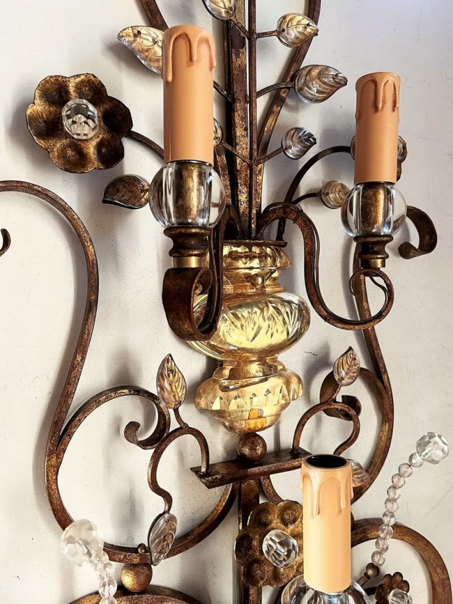 New Pamono Italian Crystal and Gilt Wrought Iron Wall Sconces by Banci Florence, 1960s, Set of 2