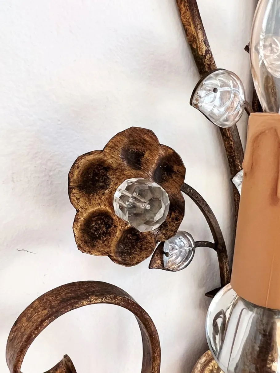 New Pamono Italian Crystal and Gilt Wrought Iron Wall Sconces by Banci Florence, 1960s, Set of 2