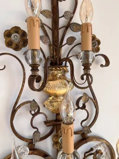 New Pamono Italian Crystal and Gilt Wrought Iron Wall Sconces by Banci Florence, 1960s, Set of 2