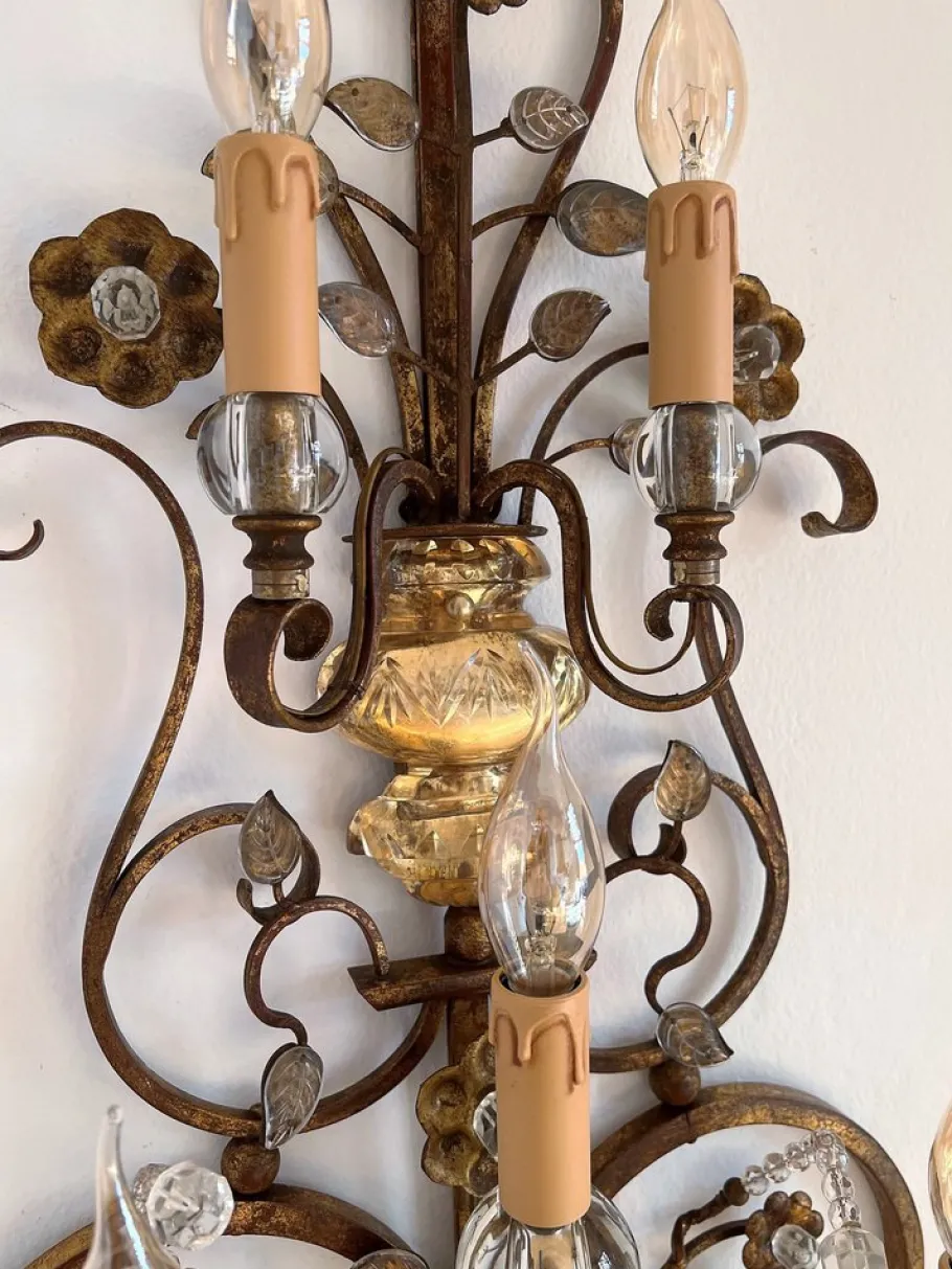 New Pamono Italian Crystal and Gilt Wrought Iron Wall Sconces by Banci Florence, 1960s, Set of 2