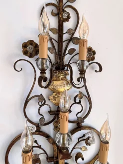 New Pamono Italian Crystal and Gilt Wrought Iron Wall Sconces by Banci Florence, 1960s, Set of 2