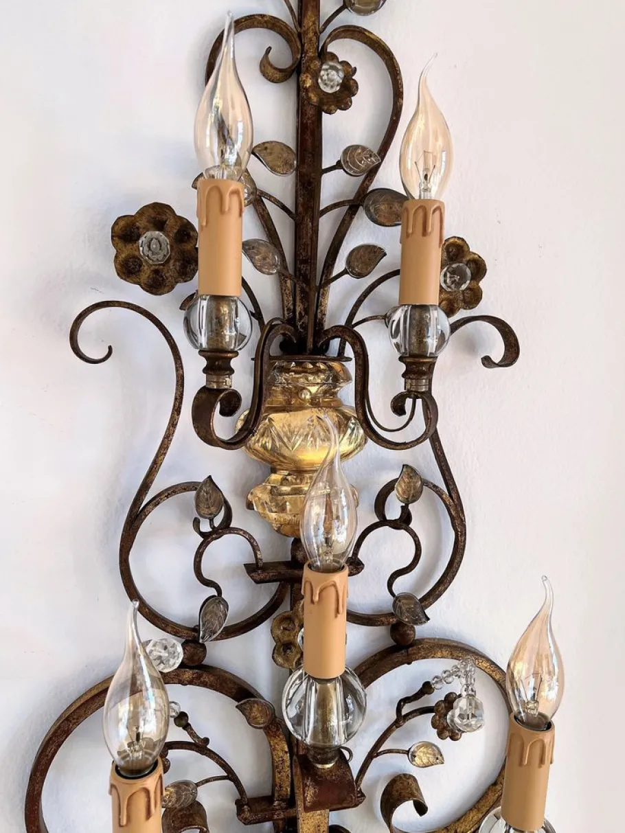 New Pamono Italian Crystal and Gilt Wrought Iron Wall Sconces by Banci Florence, 1960s, Set of 2