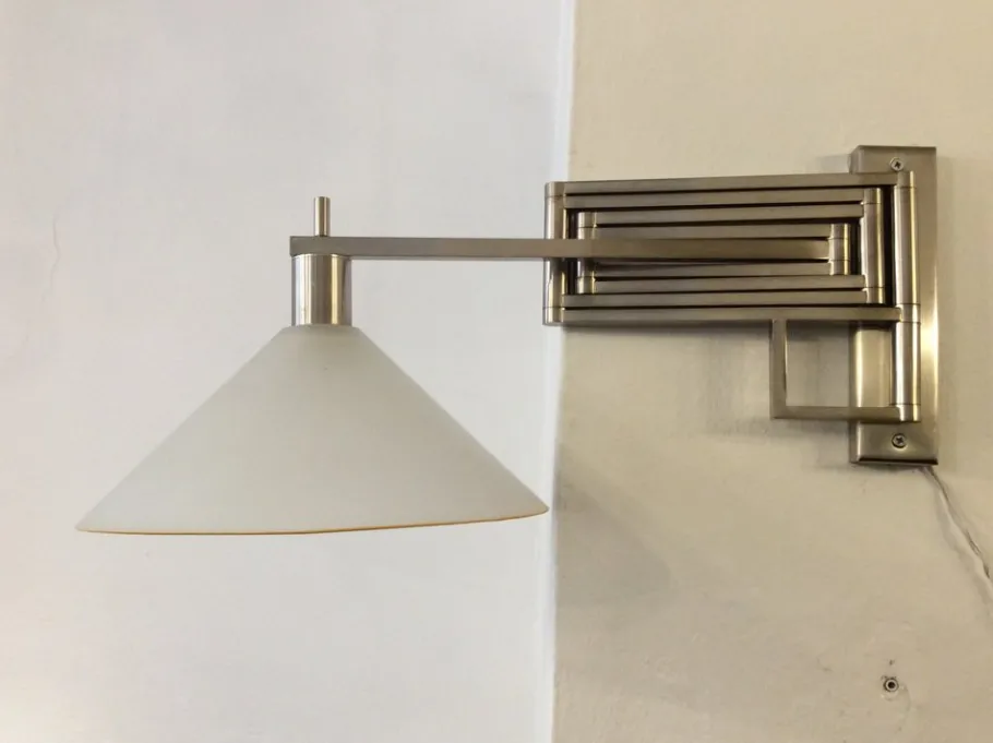 New Pamono Italian Extendable and Adjustable Wall Lamp in Nickel-Plated Brass and Satin Glass Lampshade, 1970s