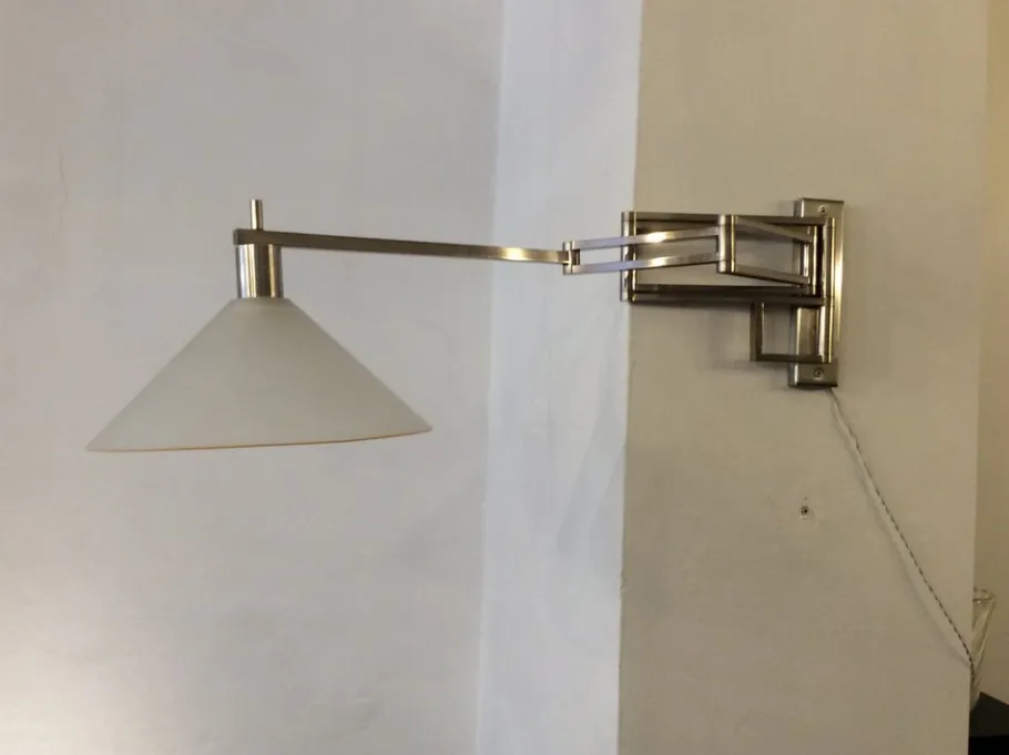 New Pamono Italian Extendable and Adjustable Wall Lamp in Nickel-Plated Brass and Satin Glass Lampshade, 1970s