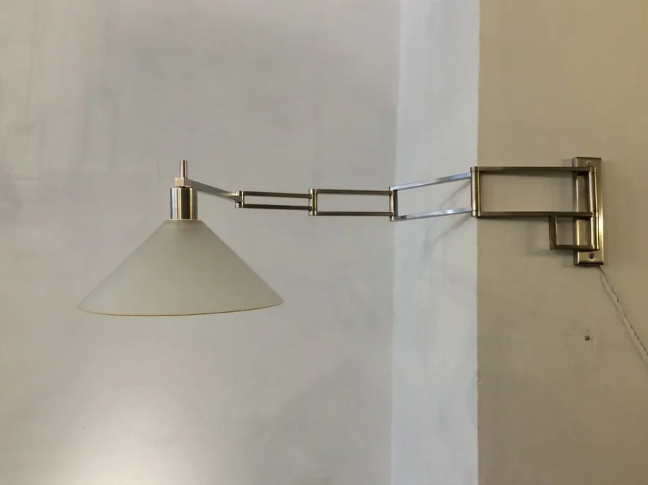 New Pamono Italian Extendable and Adjustable Wall Lamp in Nickel-Plated Brass and Satin Glass Lampshade, 1970s