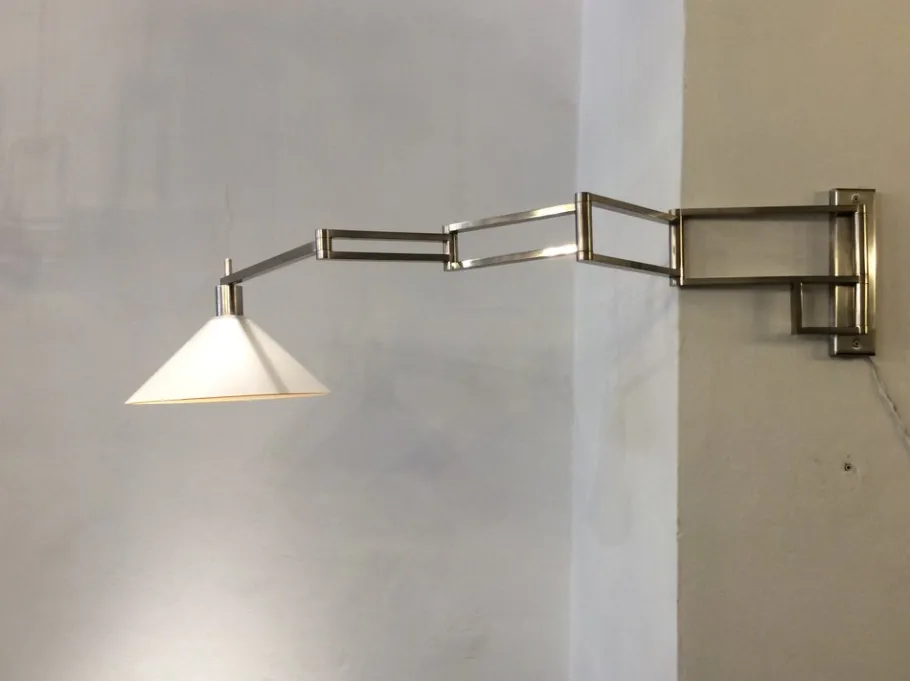New Pamono Italian Extendable and Adjustable Wall Lamp in Nickel-Plated Brass and Satin Glass Lampshade, 1970s