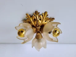 Discount Pamono Italian Gilded Floral Flush Mount with Frosted Glass Shades, 1950s