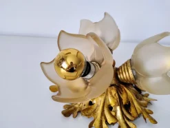 Discount Pamono Italian Gilded Floral Flush Mount with Frosted Glass Shades, 1950s