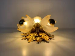 Discount Pamono Italian Gilded Floral Flush Mount with Frosted Glass Shades, 1950s