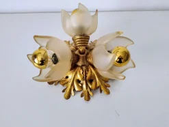 Discount Pamono Italian Gilded Floral Flush Mount with Frosted Glass Shades, 1950s