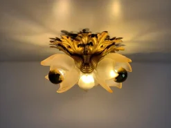 Discount Pamono Italian Gilded Floral Flush Mount with Frosted Glass Shades, 1950s