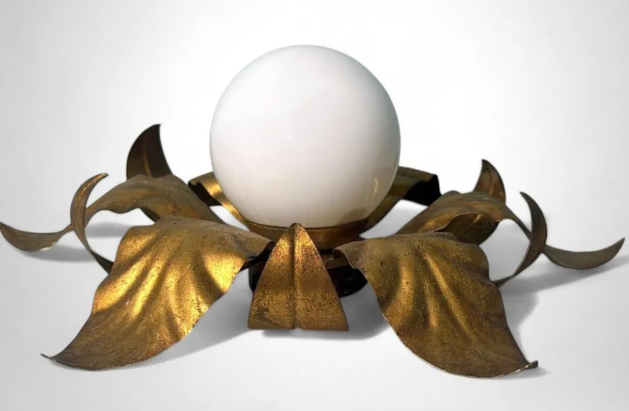 Discount Pamono Italian Gilt Brass and Opaline Glass Flush Mount, 1950s