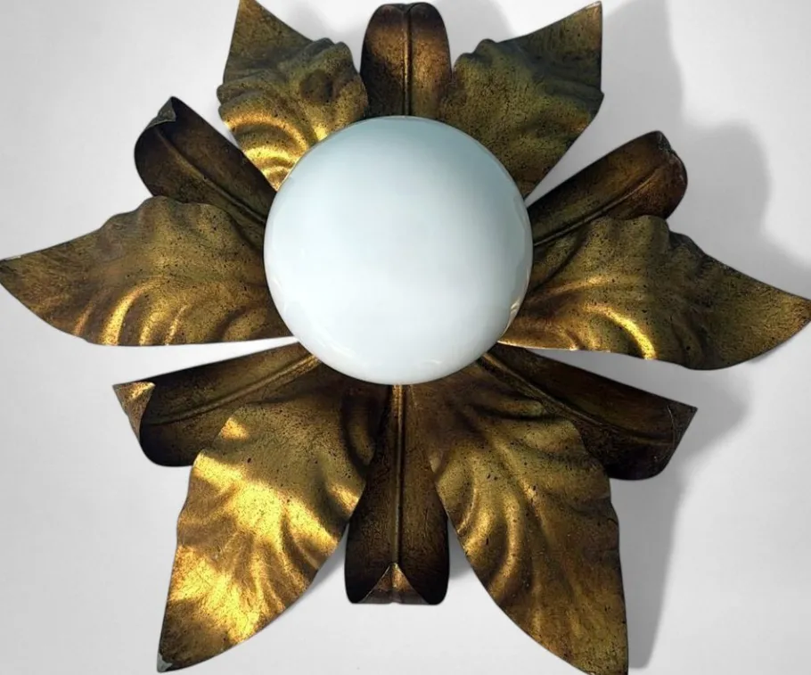 Discount Pamono Italian Gilt Brass and Opaline Glass Flush Mount, 1950s
