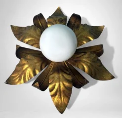 Discount Pamono Italian Gilt Brass and Opaline Glass Flush Mount, 1950s