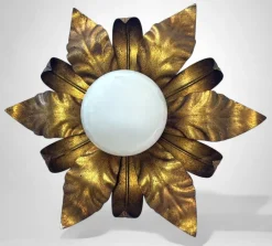 Discount Pamono Italian Gilt Brass and Opaline Glass Flush Mount, 1950s