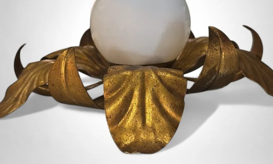 Discount Pamono Italian Gilt Brass and Opaline Glass Flush Mount, 1950s