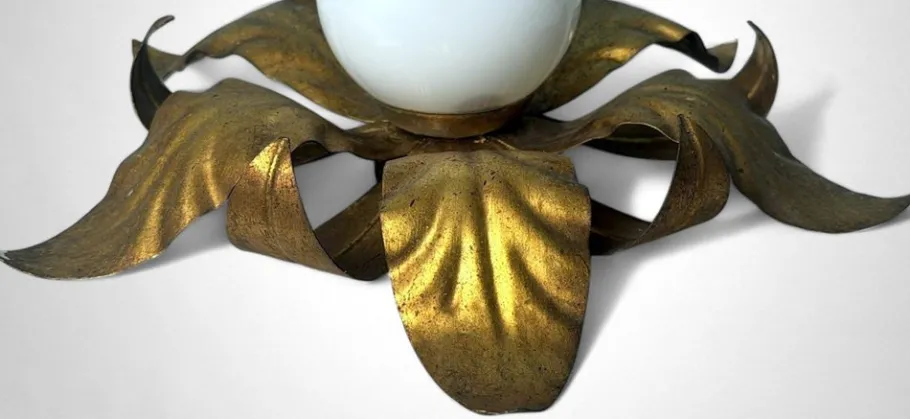 Discount Pamono Italian Gilt Brass and Opaline Glass Flush Mount, 1950s