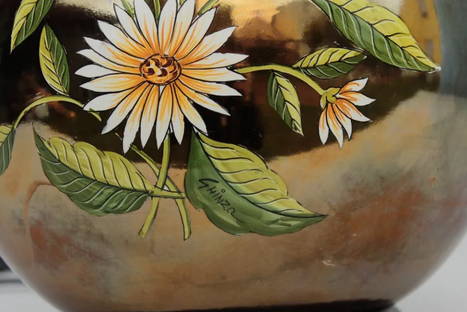 Discount Pamono Italian Gilt Pottery Table Lamp with Floral Decor from Ghinza, 1970s