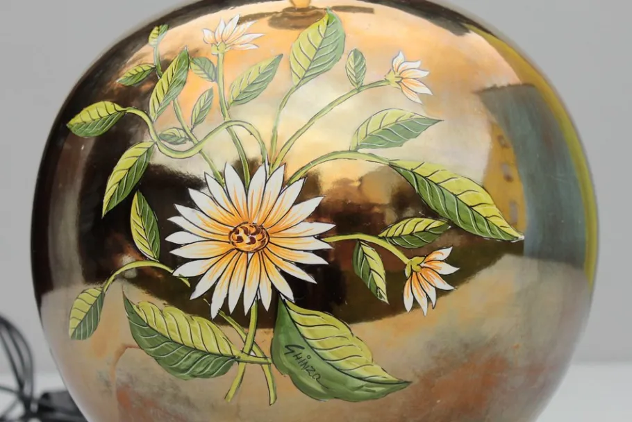 Discount Pamono Italian Gilt Pottery Table Lamp with Floral Decor from Ghinza, 1970s