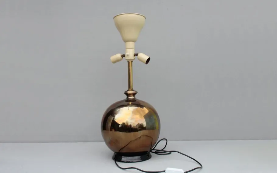 Discount Pamono Italian Gilt Pottery Table Lamp with Floral Decor from Ghinza, 1970s