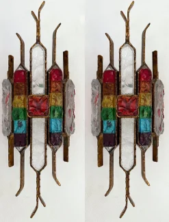 Discount Pamono Italian Hammered Glass and Gilt Wrought Iron Sconces from Longobard, 1970s, Set of 2