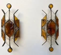 New Pamono Italian Hammered Glass and Wrought Iron Sconces from Longobard, 1970s, Set of 2