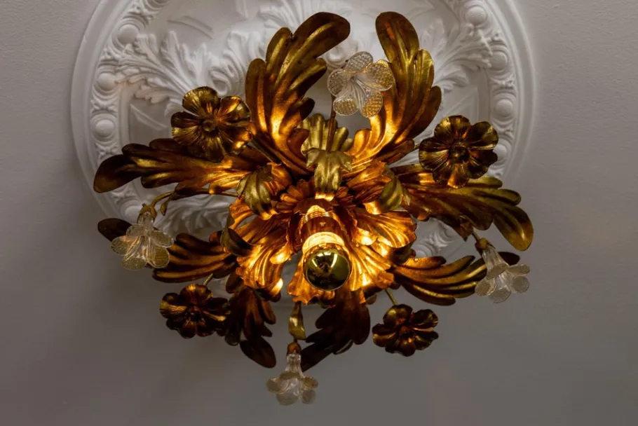 Online Pamono Italian Hollywood Regency Gilt Metal and Glass Flower Ceiling Light, 1970s
