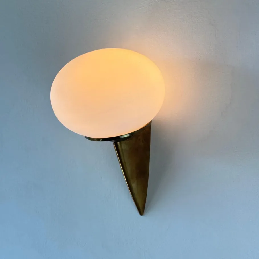 Online Pamono Italian Lancia Wall Sconce in Brass and Opaline Glass attributed to Stilux Milano, 1960s