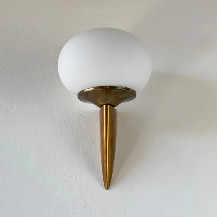 Online Pamono Italian Lancia Wall Sconce in Brass and Opaline Glass attributed to Stilux Milano, 1960s