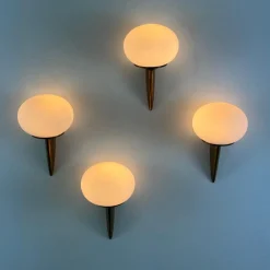 Sale Pamono Italian Lancia Wall Sconces in Brass and Opaline Glass from Stilux Milano, 1960s, Set of 4