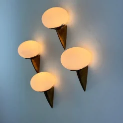 Sale Pamono Italian Lancia Wall Sconces in Brass and Opaline Glass from Stilux Milano, 1960s, Set of 4