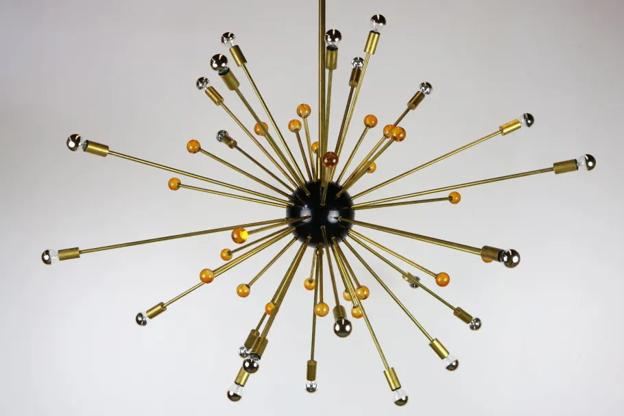 Clearance Pamono Italian Minimalist Sputnik Chandelier in Black, Gold & Murano Glass in the Style of Stilnovo, 1950s